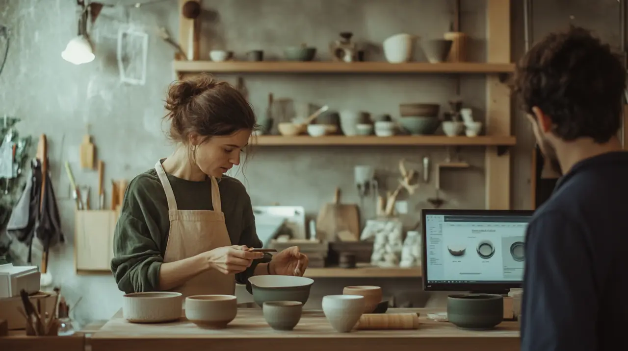 Ceramic artist using Paisible AI in a studio